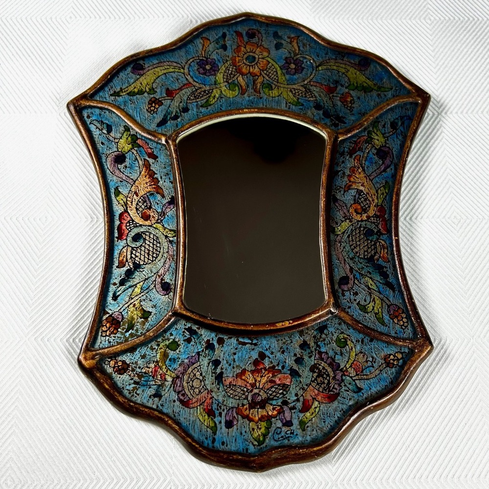 Vintage Robert M. Weiss Reverse Painted Glass Art Mirror - 9" Arched Blue Frame